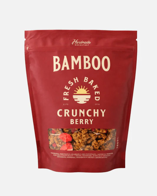Chunky granola clusters with dried strawberries, raspberries, blueberries and redcurrants, combined with coconut chips and seeds, create a fresh, lightly sweet crunch with a bright berry profile. Chunky Granola with Berries by Bamboo Breakfast is delicious with milk, layered over yoghurt, or paired with fresh fruit for a vibrant breakfast any time of year.